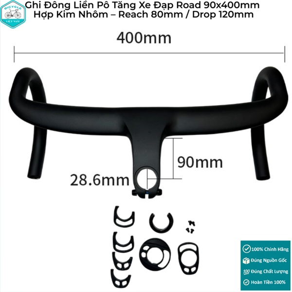 Ghi Đông Liền Pô Tăng Xe Đạp Road 90x400mm Hợp Kim Nhôm – Reach 80mm / Drop 120mm