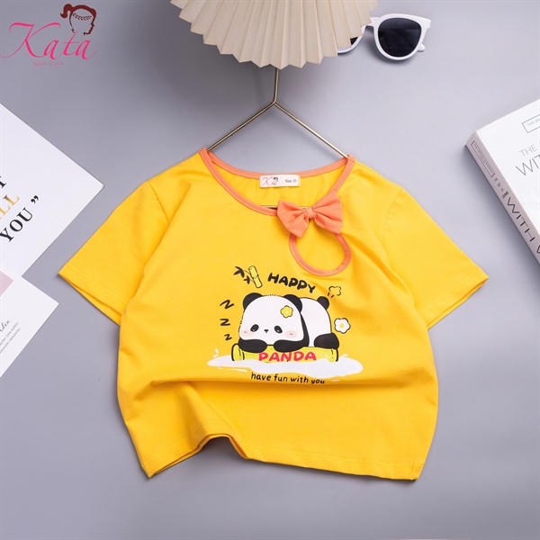 Áo Thun Bé Gái Panda Đính Nơ Cổ Xinh Xắn 22-55kg | Áo Bé Gái Cotton Mềm Mát Kata Fashion