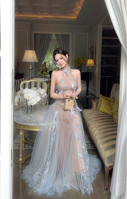 Đầm yếm lưới phối kim sa 8178