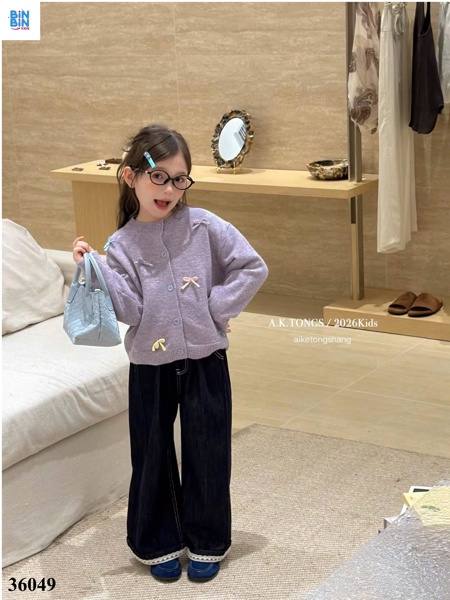 36049 Set Quần 3CT Cardigan Len Nơ Tím