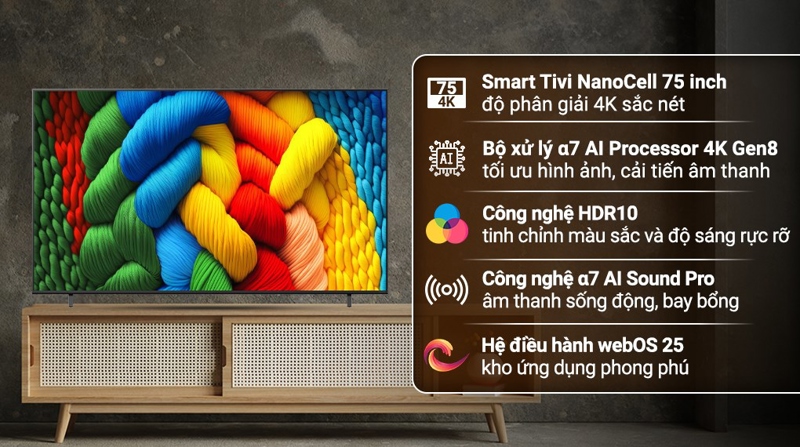 Smart Tivi NanoCell LG AI 4K 75 inch 75NANO80ASA 2025 - Indonesia - Thiết kế sang trọng cho không gian sống hiện đại