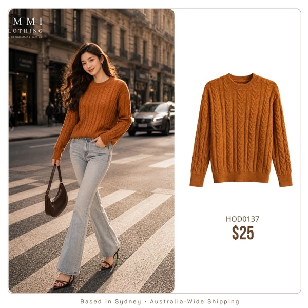 Rust Brown Cable Knit Sweater