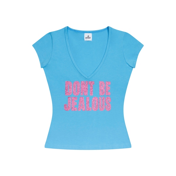 Áo Cổ Tim TWENTI Thun Cotton In Kim Tuyến Jealous - JEALOUS Xanh nhạt - Freesize