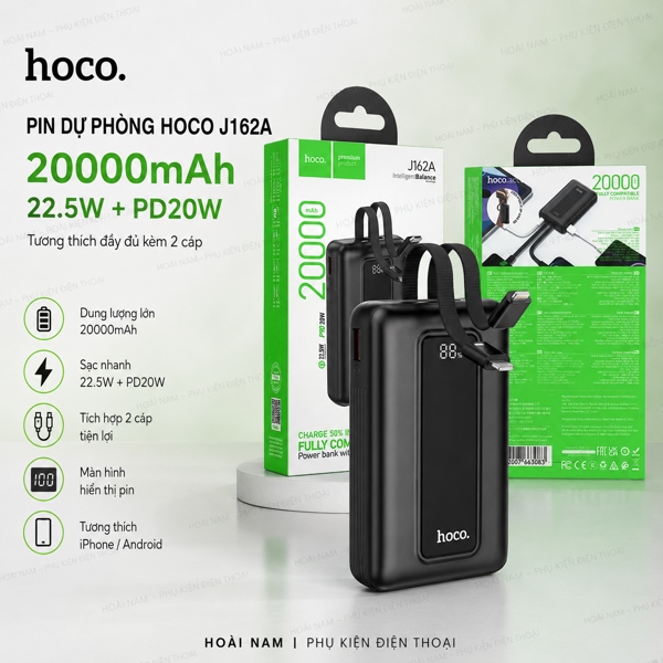 Pin Dự Phòng Hoco J162A 22.5W+PD20W tương thích đầy đủ kèm 2 cáp 20000mAh( BH 6 Tháng )