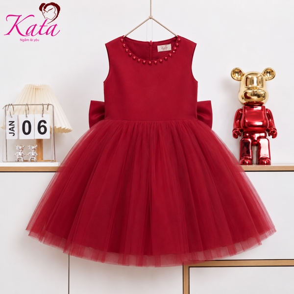 Đầm Công Chúa Bé Gái Hồng Pastel Nơ Lưng Cao Cấp Size 4-14