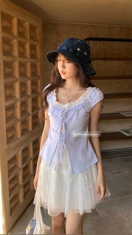 Áo kiểu caro phối ren 80601