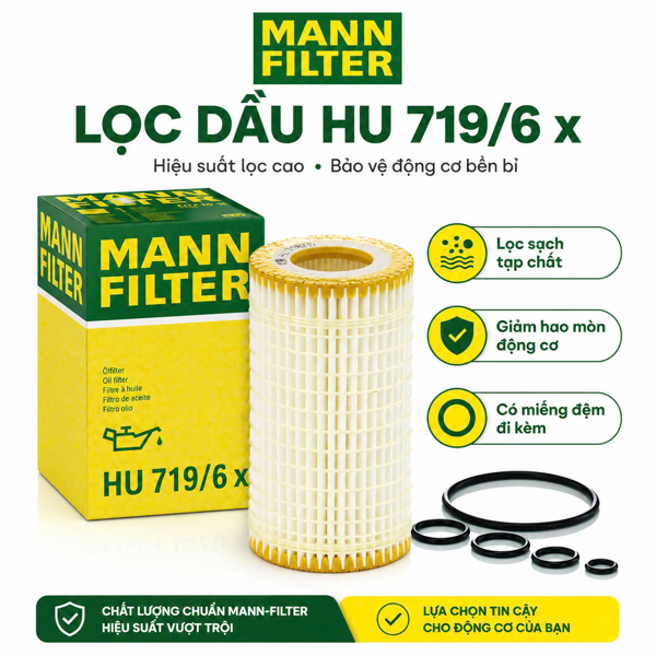 Lọc Dầu Động Cơ Mann-Filter HU719/6x Cho Xe Audi A4, A6, Q5, Volkswagen Tiguan, Passat 1.8T/2.0T