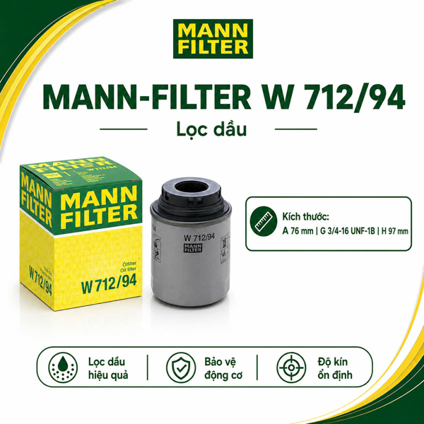 Lọc Dầu Động Cơ MANN-FILTER W 712/94 Chính Hãng Đức – Cho Xe Volkswagen Polo, Golf, Jetta, Audi A1, A3, Skoda Rapid & Seat Ibiza