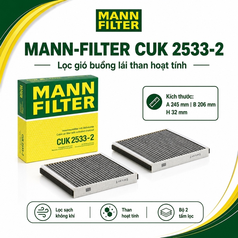 Bộ Lọc Gió Điều Hòa Than Hoạt Tính MANN-FILTER CUK 2533-2 – Cho BMW Series 5 (F10/F11/F07 GT), Series 6, Series 7, Vinfast Lux A