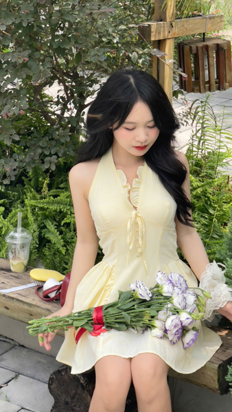 Váy kẻ cổ yếm cúc bọc chun lưng