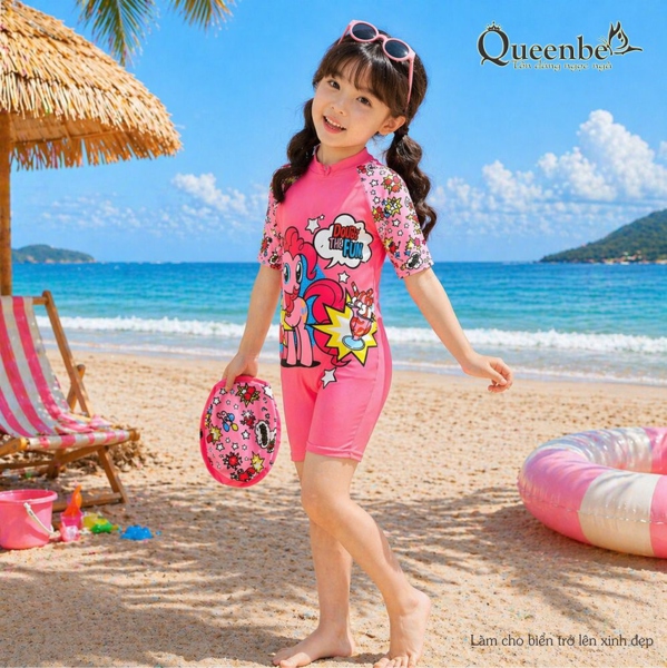 Đồ bơi bé gái liền thân in hoạt hình pony Queenbe GLSWIM089 vải polyester mềm mịn, ít thấm, mau khô