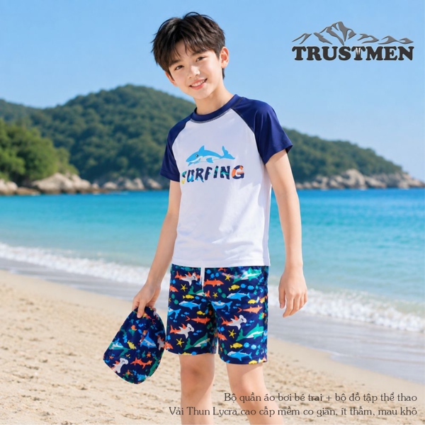 Bộ bơi bé trai 3 mảnh Baby Shark Trustmen GLSWIM099 vải thun Lycra cao cấp, mềm mịn, ít thấm, mau khô