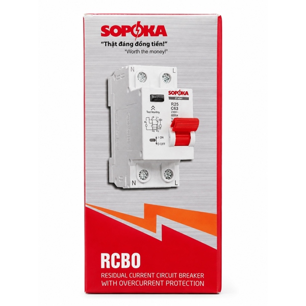 RCBO Chống Giật SOPOKA R25-2P32A 32A 1P+N, Dòng Rò 30mA
