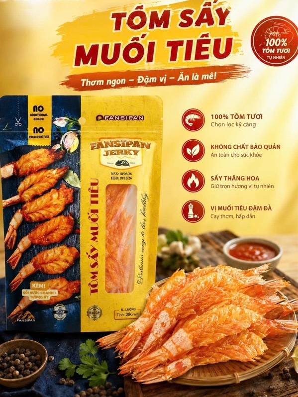 Tôm sấy muối tiêu ( 300 gói/thùng )