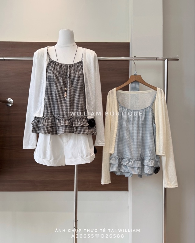 Cardigan thun + áo dây caro 6268