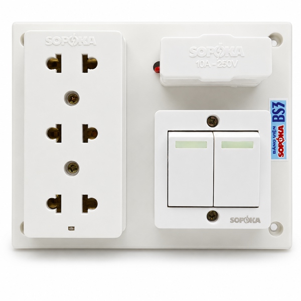 Bảng điện Sopoka BS3 3 ổ cắm 2 công tắc có cầu chì