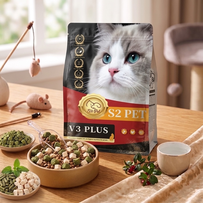 Hạt mèo S2Pet V3 Mix Topping hỗ trợ niệu đạo, tiêu búi lông gói 1kg (SEAL)