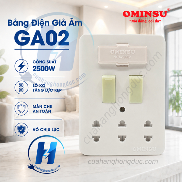 Bảng điện giả âm 2 công tắc - 1 cầu chì - 3 ổ cắm