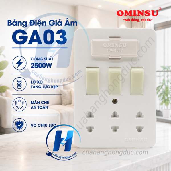Bảng điện giả âm 3 công tắc - 1 cầu chì - 3 ổ cắm