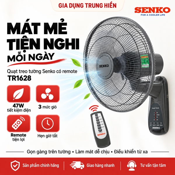 Quạt treo tường Senko có remote TR1628