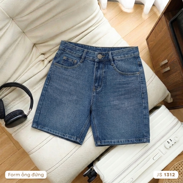 Quần Jean short Cotton ống đứng màu xanh Retro 1312