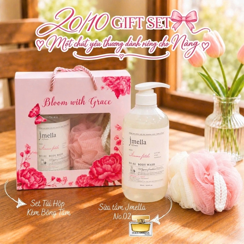 Set Sữa Tắm Hương Nước Hoa Jmella In France 500ml + Bông Tắm