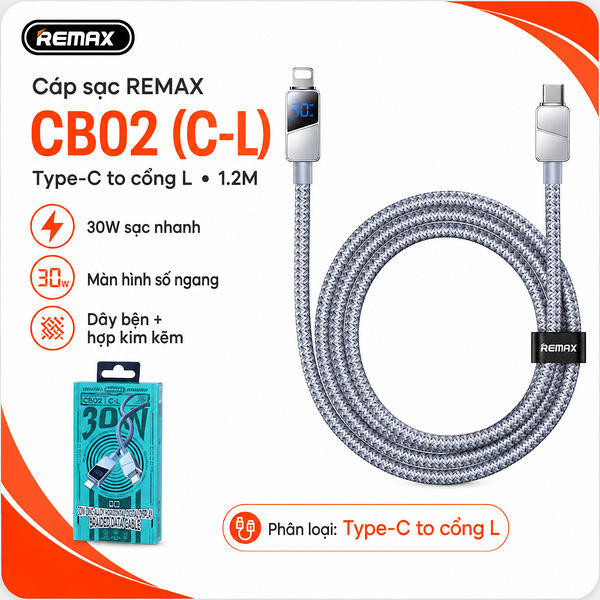 Cáp sạc và truyền dữ liệu cổng Type-C sang Lightning, 30W, dài 1,2m, Model CB02(C-L). Hiệu REMAX. Hàng mới 100%.