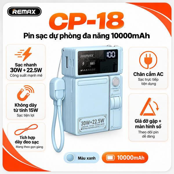 Pin sạc dự phòng không dây 15W dùng cho điện thoại tích hợp dây sạc, tích hợp chân cắm AC, 10000mAh, QC+PD 30W, Model CP-18. Hiệu REMAX. Hàng mới 100%.