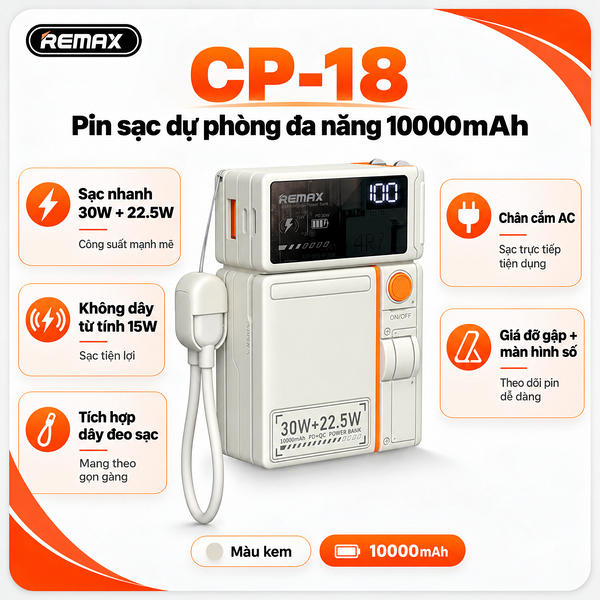 Pin sạc dự phòng không dây 15W dùng cho điện thoại tích hợp dây sạc, tích hợp chân cắm AC, 10000mAh, QC+PD 30W, Model CP-18. Hiệu REMAX. Hàng mới 100%.