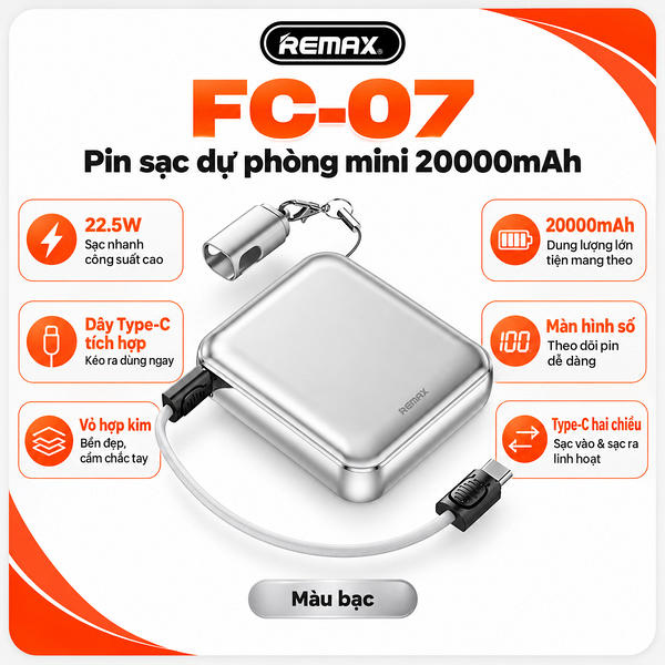 Pin sạc dự phòng dùng cho điện thoại, 20000mAh, QC+PD 22.5W, Model FC-07. Hiệu REMAX. Hàng mới 100%.