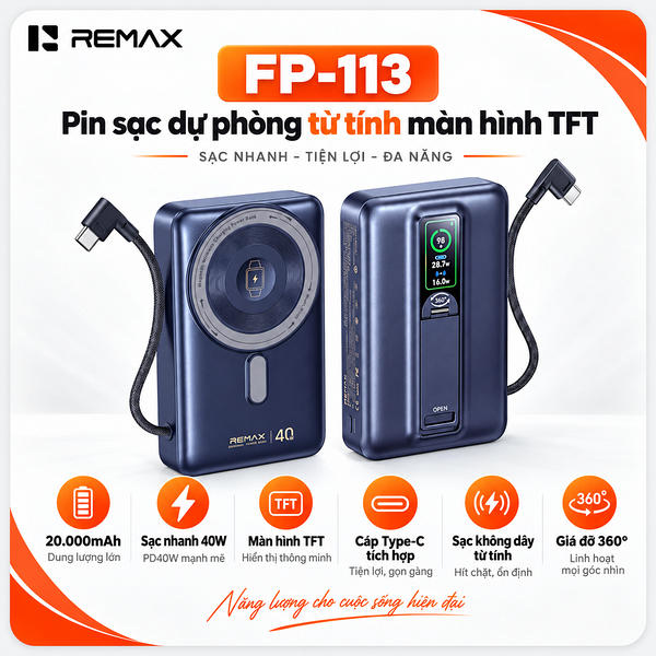 Pin sạc dự phòng không dây 15W dùng cho điện thoại tích hợp dây sạc, 20000mAh, QC+PD 40W, Model FP-113. Hiệu REMAX. Hàng mới 100%.
