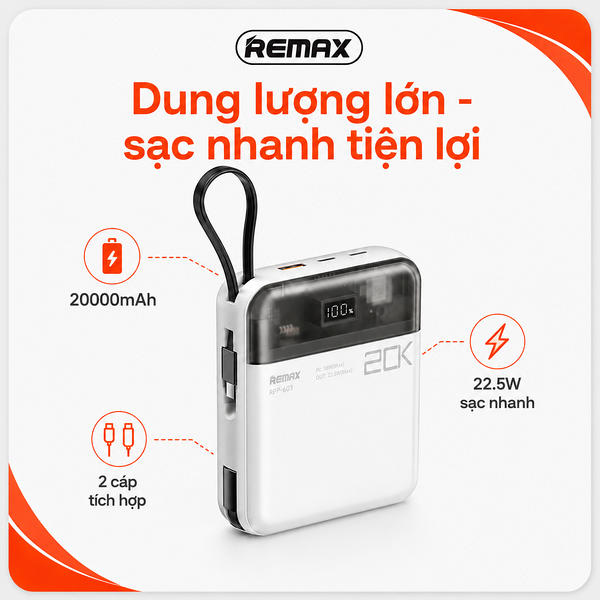 Pin sạc dự phòng dùng cho điện thoại tích hợp dây sạc, 20000mAh, QC+PD 22.5W, Model RPP-603. Hiệu REMAX. Hàng mới 100%.