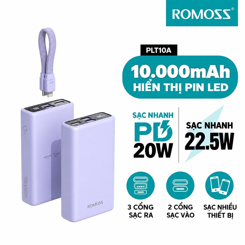 Pin Dự Phòng ROMOSS LT10A 10.000mAh Sạc Nhanh 22.5W , Kèm Cáp C to L Móc Treo, Chuẩn CCC, Led % Pin