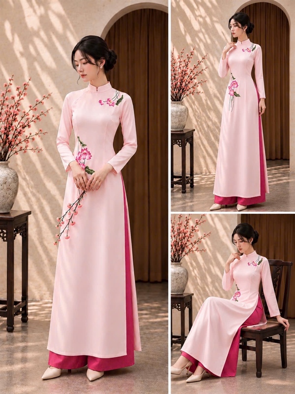 Áo dài truyền thống luạ thêu sen