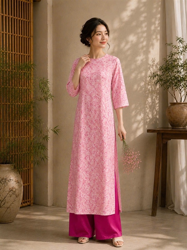 Áo dài suông lụa gấm cổ tròn
