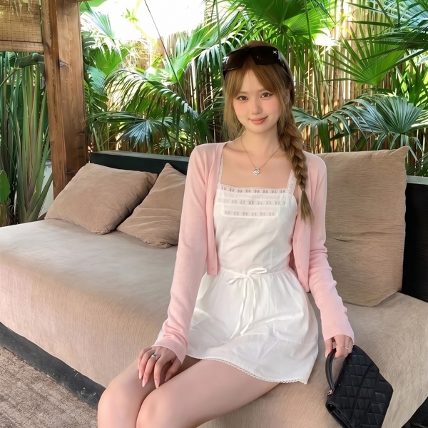 Combo váy + khoác cardigan hồng - VVN0032+A0006