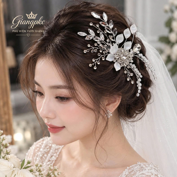 Cài tóc cô dâu xược hoa trắng đính kết đá sang trọng mẫu SP222672021 Giangpkc t9-2026
