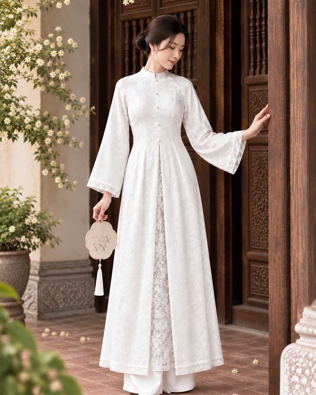 Áo dài tứ thân tencel phối ren tay dài