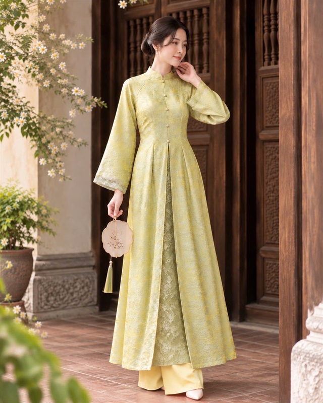 Áo dài tứ thân tencel phối ren tay dài
