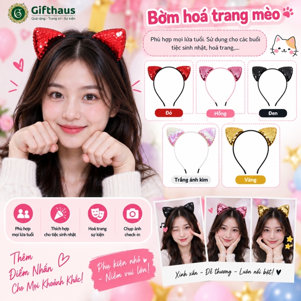 Bờm tai mèo Sequin Đỏ