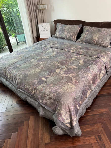 Bộ ga chần Vip "Thanh nhã tập" | Lyocell Cotton 80s , bóng tơ - Hoa xanh rêu tím khói - LX47