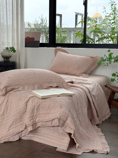 Bộ "Ẩn Hương" | Cotton Linen giặt nước - Chần trám, thêu viền hoa văn cổ điển - thêu lá - HZ02.2