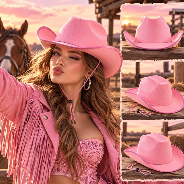 Mũ Cowboy vải dạ Hồng