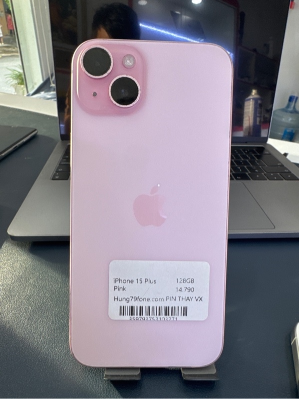 Ip 15 plus 128 gb hồng vỏ xướt- pin thay