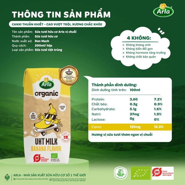 Sữa tươi hữu cơ ARLA ORGANIC VỊ CHUỐI cho bé 12m+