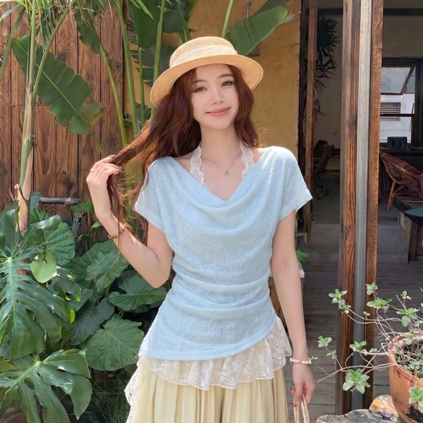 Combo set áo thun giấy trễ vai A0008 - Xanh Trời