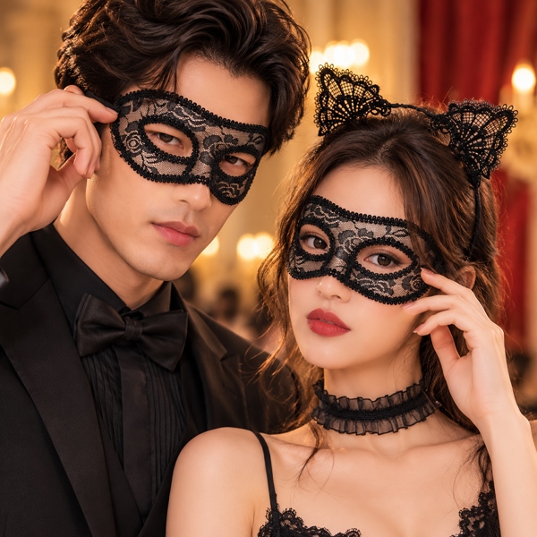 Bộ phụ kiện tai mèo mặt nạ ren đen
