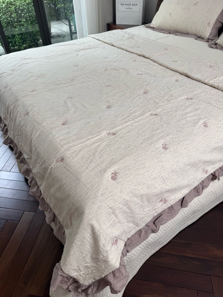 Bộ ga "Như Ý" | Cototn Linen - Thêu hoa tím, viền tím - Kem - XD01