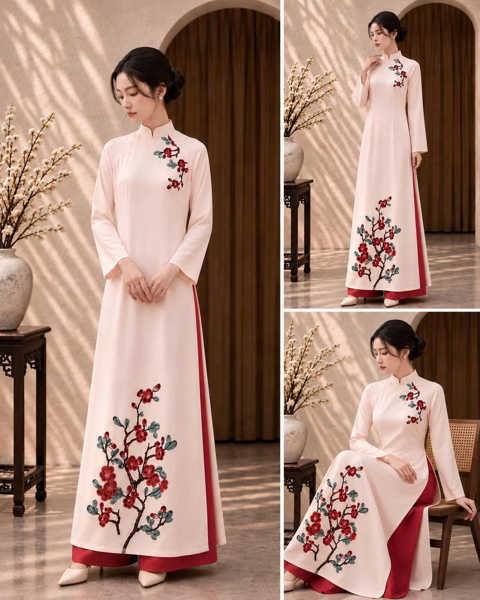 Áo dài suông vẽ hoa đào