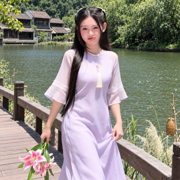 Set áo dài tơ nhăn viền + quần + ngọc